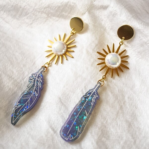 Feather Dangle Earrings, blue boho feather earrings, sunburst earrings for women, asymmetrical earrings handmade, boho gifts for her