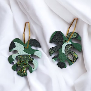 Green Monstera Earrings: Polymer Clay with Brass Hoops