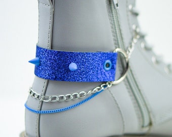 Blue Glitter Boot Harness with Small Blue Spikes | Roller Skate Accessories | Boot Harness | Vegan Friendly | Silver Chain