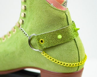 Lime Green Glitter Boot Harness with Small Lime Green Spikes | Roller Skate Accessories | Boot Harness | Vegan Friendly | Silver Chain