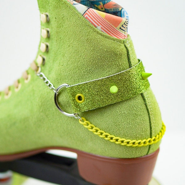 Lime Green Glitter Boot Harness with Small Lime Green Spikes | Roller Skate Accessories | Boot Harness | Vegan Friendly | Silver Chain