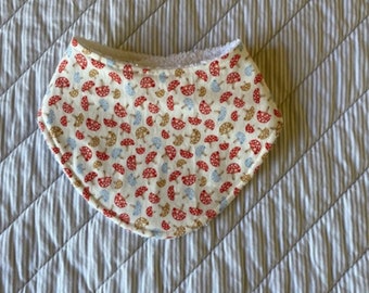 Baby bib bandana mushrooms toadstools baby shower red blue brown cotton towelling back 2 snaps