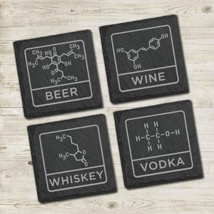 Cocktail Chemistry Slate Coaster Set | Natural Engraved Stone Barware with Personalized Drink Designs for Home Bar Decor