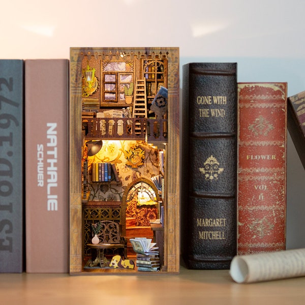 Miniature dollhouse with LED Light and Dust cover, DIY book nook kit, Bookshelf decor, Handmade gift, 3D Puzzle (Eternal Bookstore)