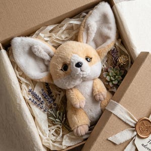 May include: A plush Fennec fox toy with large ears, tan and white fur, nestled in a cardboard box with decorative paper and a small gift box. The gift box has a tag that reads "For my adventurous friend."