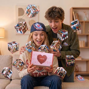 以下が含まれることがあります： 若いカップルが「I Love You」と書かれたハートの付いたピンク色のギフトボックスを開けています。周りには写真がプリントされたキューブが浮かんでいます。女性はアザラシのロゴが入ったネイビーのキャップをかぶっています。