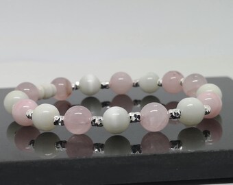Pulsera de cuarzo rosa y ojo de gato blanco de 8 mm