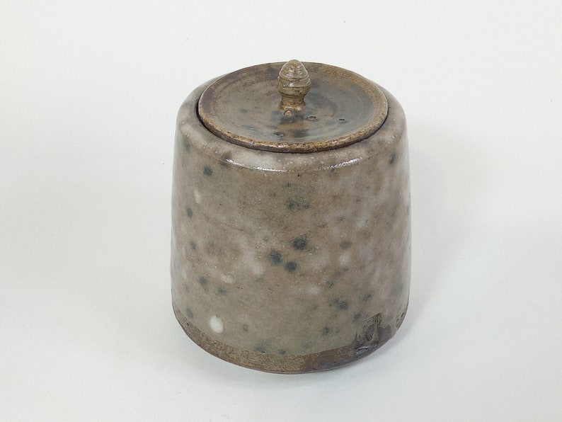 Op de afbeelding: Een kleine, gevlekte keramische pot met een deksel. De pot is lichtbruin van kleur met donkerbruine vlekken. Het deksel heeft een klein knopje bovenop.