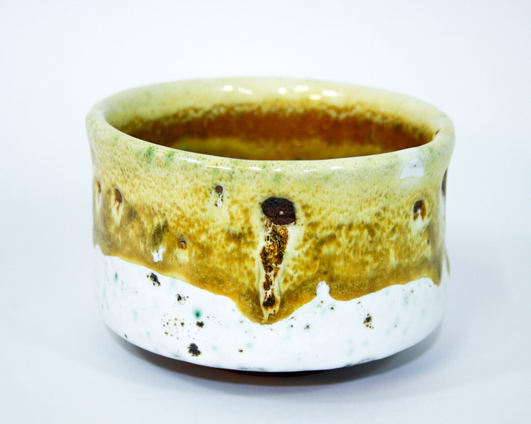 Bol Chawan Japonais Fait Main Shino émail Blanc Oribe Feuille Chanvre