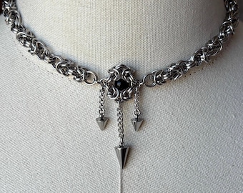 Gothic Chainmail Choker with Obsidian & Spike Drops | Stainless Steel Statement Necklace