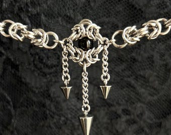 Handwoven Stainless Steel Obsidian Spike Choker, Statement Necklace – Nyx
