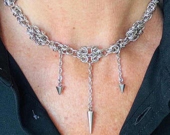 Chainmail Choker Necklace – Stainless Steel Byzantine Chain with Spike Drops, Edgy Statement Jewelry