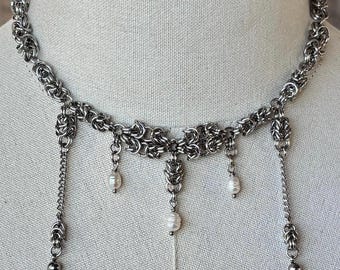Handwoven Freshwater Pearl Drop Choker, Stainless Steel Statement Necklace – Guinevere