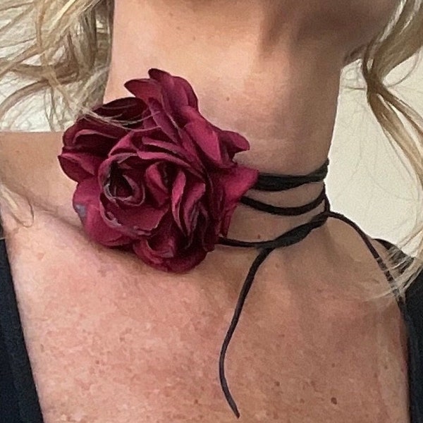 Red Flower Suede Choker - Big Flower Necklace-Boho Style Jewelry-Wrap Choker - Rose Choker - Bow Necklace -  Layering Necklace-Tie Necklace