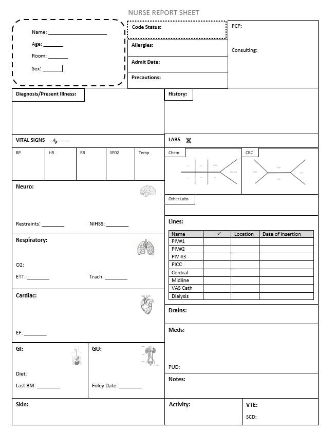 nurse report sheet for sale