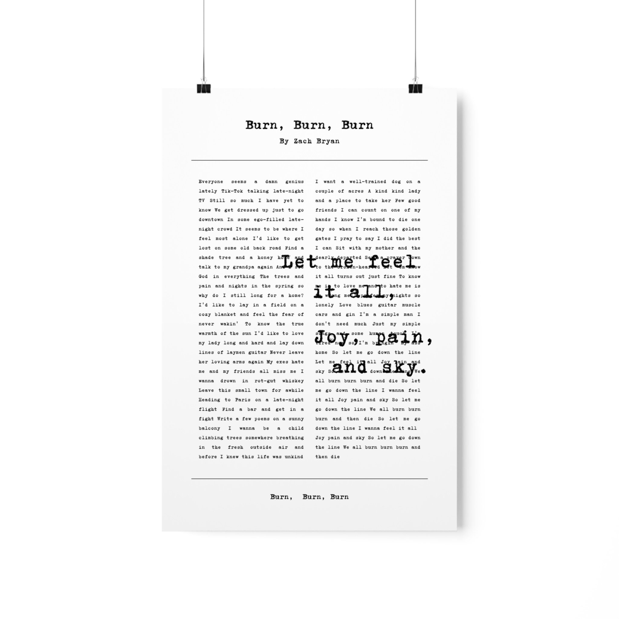 Zach Bryan Poster Burn Burn Burn Lyrics Minimalist Zach - Etsy