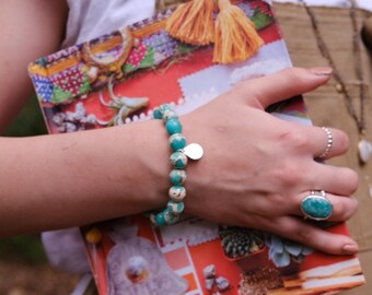 African Opal Semi-Precious Stone Beaded Bracelet with Silver Hammered Drop Charm • The Worldly Bracelet •