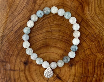 Aquamarine Semi-Precious Gemstone Beaded Bracelet with Silver Hammered Drop Charm • The Sea Siren Bracelet •