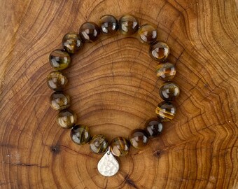 Tigers Eye Semi-Precious Gemstone Beaded Bracelet with Silver Hammered Drop Charm • The Untamed Bracelet •