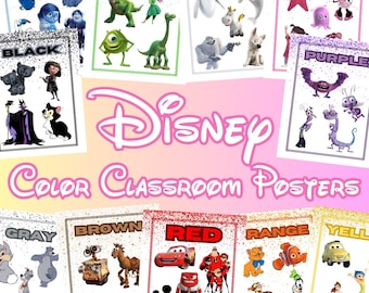May include: A collection of Disney-themed classroom posters, each featuring a different color and a variety of beloved characters. The posters are labeled with colors like blue, green, white, pink, black, purple, gray, brown, red, orange, and yellow. The text "Disney Color Classroom Posters" is also visible.