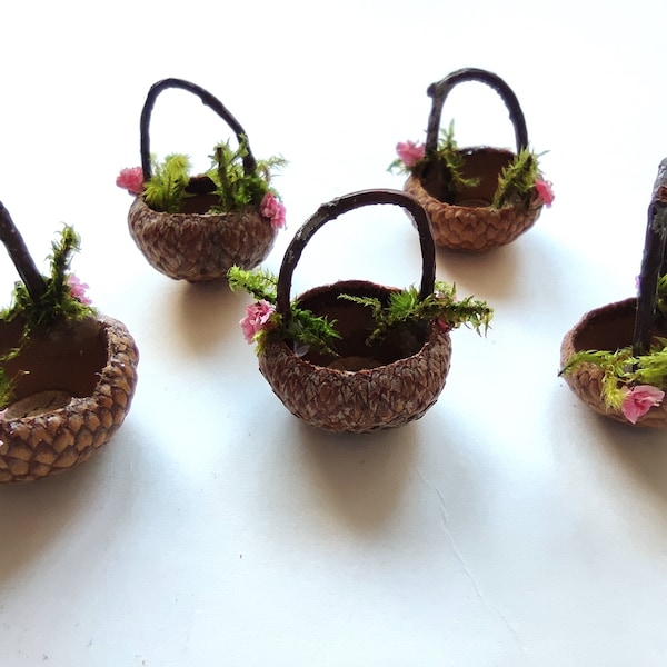 Fairy garden acorn cap basket, miniature basket, fairy garden miniatures, craft supplies.