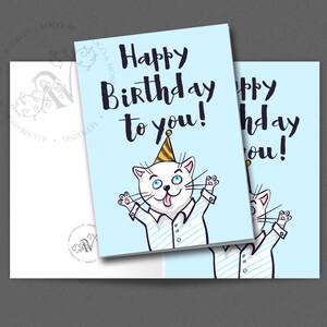 Carte de voeux joyeux anniversaire avec chat drôle. Lettrage manuscrit. Carte postale à imprimer.