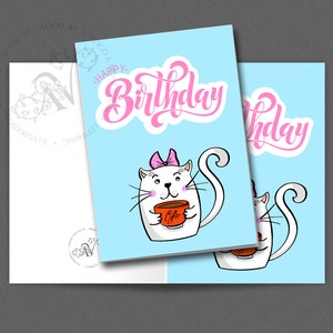 Happy birthday greeting card with funny cat. Handwritten lettering. Postcard for printing.