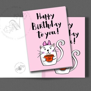 Carte de voeux joyeux anniversaire avec chat drôle. Lettrage manuscrit. Carte postale à imprimer.