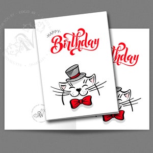 Carte d'anniversaire avec chat drôle en chapeau haut de forme et noeud papillon. Lettrage manuscrit. Carte postale à imprimer.