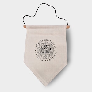 King Charles III Coronation Linen Flag OFFICIAL EMBLEM - British Monarchy Celebration - 6th May 2023 Souvenir - Wooden Hanger