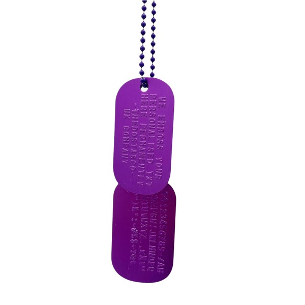 PURPLE Personalised iD DOG TAG Army Pair Set with Purple Chains (made to order) - Purple Chains Included