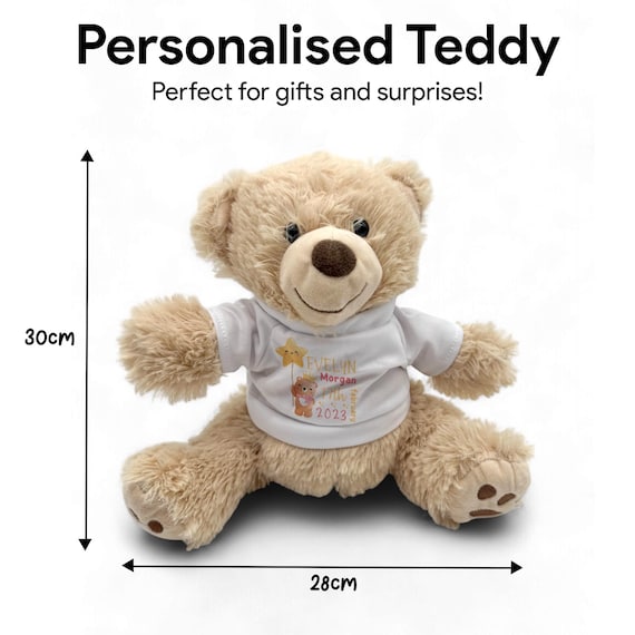 PERSONALISED Newborn Plush Teddy Bear with Custom Name Birth Details Soft UK Handprinted Keepsake Ideal Baby Girl Shower Gift