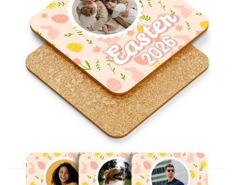 Personalised Easter Coasters | Custom Photo Coaster | Custom Name Gift | Cork Backed Drink Coaster | Personalised Gift UK |Handmade Coasters