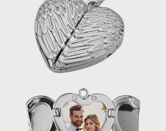 Personalized Photo Heart Locket Necklace with Angel Wings