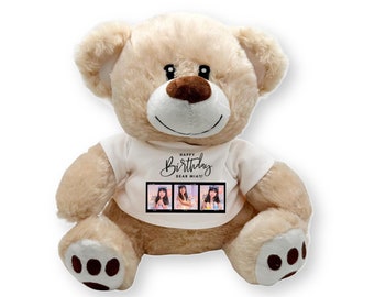 PERSONALISED Plush Teddy Bear with Custom PHOTOS & NAME, Soft Birthday Teddy with Polaroid-Style Pics, Handprinted Keepsake Gift