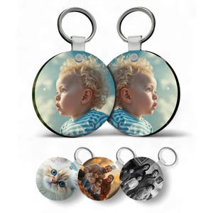 Personalised Photo CIRCLE Keyring Any Picture Custom Keychain Double Single Side Print, Keepsake, Wedding, Birthday, Dogs, Pets, Cats