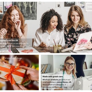K&ouml;nnte beinhalten: Drei Frauen arbeiten in einem Atelier und kreieren personalisierte Geschenke. Das Bild zeigt eine Geschenkbox, die in orangefarbenes Papier mit einem roten Band eingewickelt ist, eine Frau, die ein Aquarell malt, und eine Frau, die an einer N&auml;hmaschine n&auml;ht. Der Text "Crafted & Designed from the UK" und "Made with great care" ist auf dem Bild zu sehen.