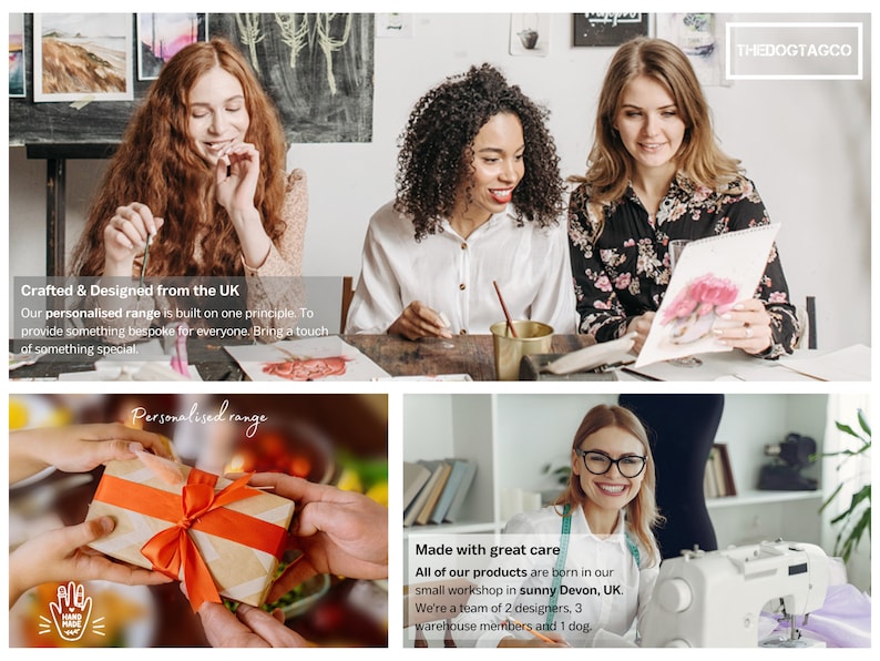 K&ouml;nnte beinhalten: Drei Frauen arbeiten in einem Atelier und kreieren personalisierte Geschenke. Das Bild zeigt eine Geschenkbox, die in orangefarbenes Papier mit einem roten Band eingewickelt ist, eine Frau, die ein Aquarell malt, und eine Frau, die an einer N&auml;hmaschine n&auml;ht. Der Text "Crafted & Designed from the UK" und "Made with great care" ist auf dem Bild zu sehen.