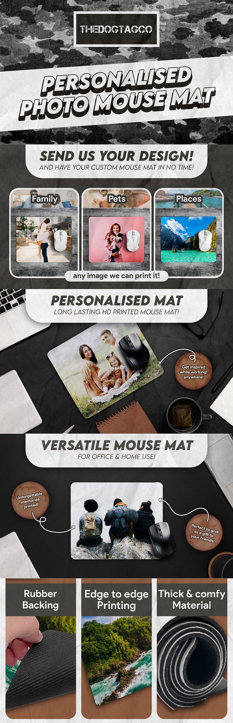 Pode incluir: Um tapete de rato personalizado com foto, com suporte de borracha e impress&atilde;o de borda a borda. O tapete apresenta uma foto de fam&iacute;lia de um casal e seu filho sentados em uma &aacute;rea gramada. O texto "SEND US YOUR DESIGN!" e "PERSONALISED MAT" &eacute; vis&iacute;vel na imagem.