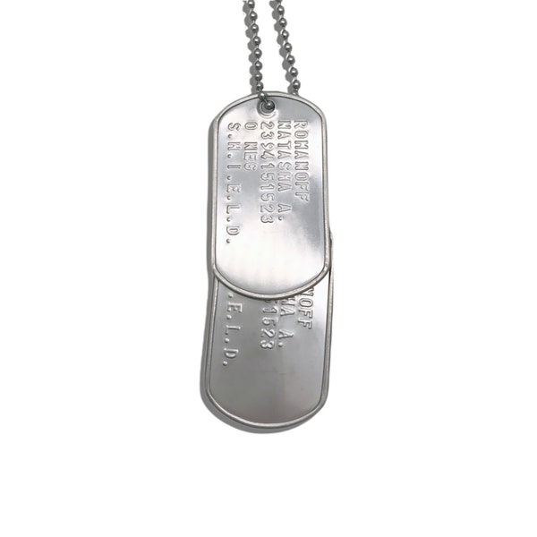 Natasha Romanoff 'BLACK WIDOW' Military Dog Tags - Costume Cosplay Prop Replica - Stainless Steel Chains Included