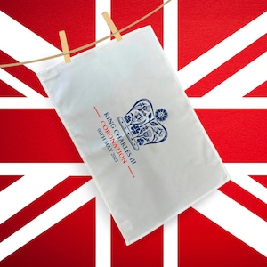 6th May 2023 Royal Coronation Tea Towel - King Charles III Celebration -  OFFICIAL Emblem - Limited Edition UK-made - 100% Soft Cotton