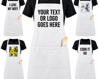 Personalised White Apron with Pocket, Custom Photo Text or Logo, Custom Cooking Apron, Chef Apron Gift for Men Women