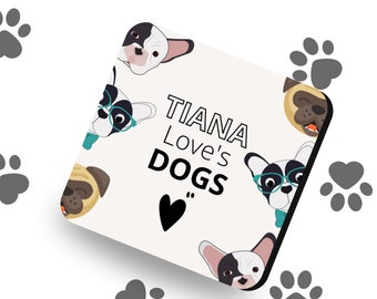 PERSONALISED Love Dogs MDF Cork COASTER - Customisable Cute and Stylish Animal Design - Ideal for Home, Office, and Gifts