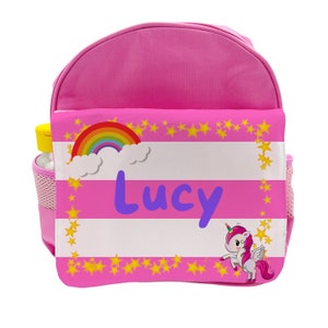 Sac à dos rose personnalisé pour filles et enfants, arc-en-ciel et licornes - Fabriqué au Royaume-Uni sur mesure