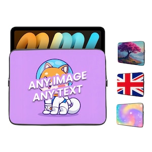May include: Purple laptop sleeve featuring a cartoon image of a dog wearing a space helmet. The text "ANY IMAGE ANY TEXT" is printed on the sleeve.