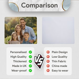 Pode incluir: Gr&aacute;fico de compara&ccedil;&atilde;o de dois produtos com marcas de verifica&ccedil;&atilde;o e marcas de X. O lado esquerdo mostra uma foto de fam&iacute;lia e lista recursos como personalizado, alta qualidade, espessado, feito no Reino Unido e resistente ao desgaste. O lado direito lista recursos como design simples, baixa qualidade, tecido fino, feito na China e f&aacute;cil de usar.