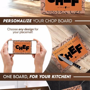 Pu&ograve; includere: Tagliere in vetro personalizzato con sfondo arancione e testo nero che dice "Michael &egrave; il miglior chef del mondo". Il tagliere &egrave; circondato da un motivo di cappelli da chef neri e altre icone legate alla cucina.