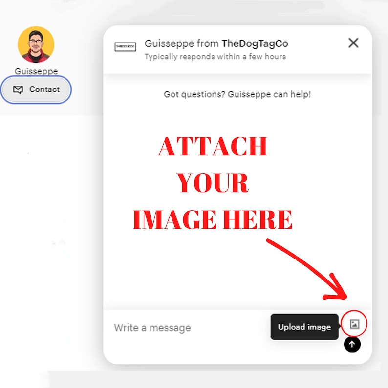 Pode incluir: Uma seta vermelha aponta para um bot&atilde;o de upload de imagem com um &iacute;cone de imagem. O texto "ATTACH YOUR IMAGE HERE" est&aacute; acima do bot&atilde;o. O texto "Got questions? Guisseppe can help!" est&aacute; acima da seta.