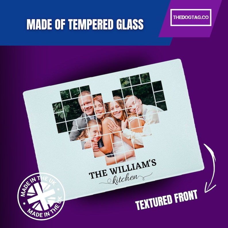 K&ouml;nnte beinhalten: Ein wei&szlig;es Schneidebrett aus geh&auml;rtetem Glas mit einem herzf&ouml;rmigen Mosaik aus einem Familienfoto. Der Text "THE WILLIAM'S kitchen" ist unter dem Foto gedruckt. Das Schneidebrett hat eine strukturierte Vorderseite und ist in Gro&szlig;britannien hergestellt.