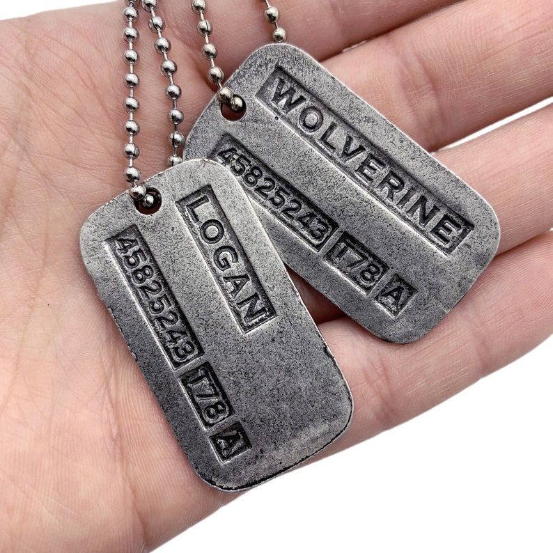 WOLVERINE LOGAN Brushed Steel Double Dog Tags Pendant Necklace Ball Chains Included Prop Replica image 2